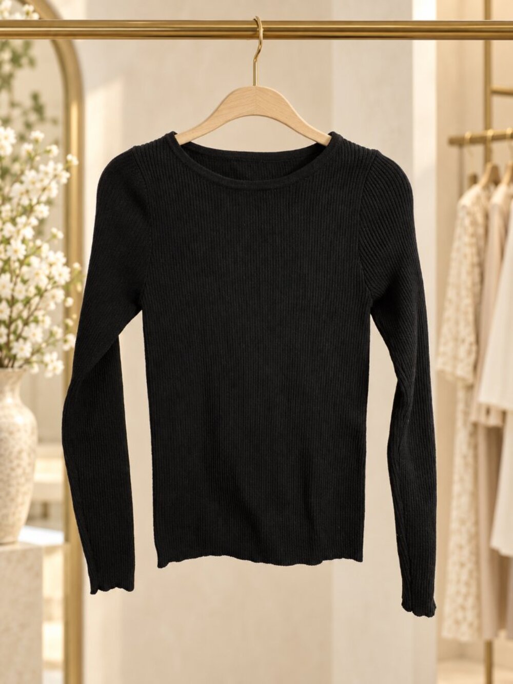 Black Ribbed Knit Crewneck Sweater Women’s M Long Sleeve Minimalist